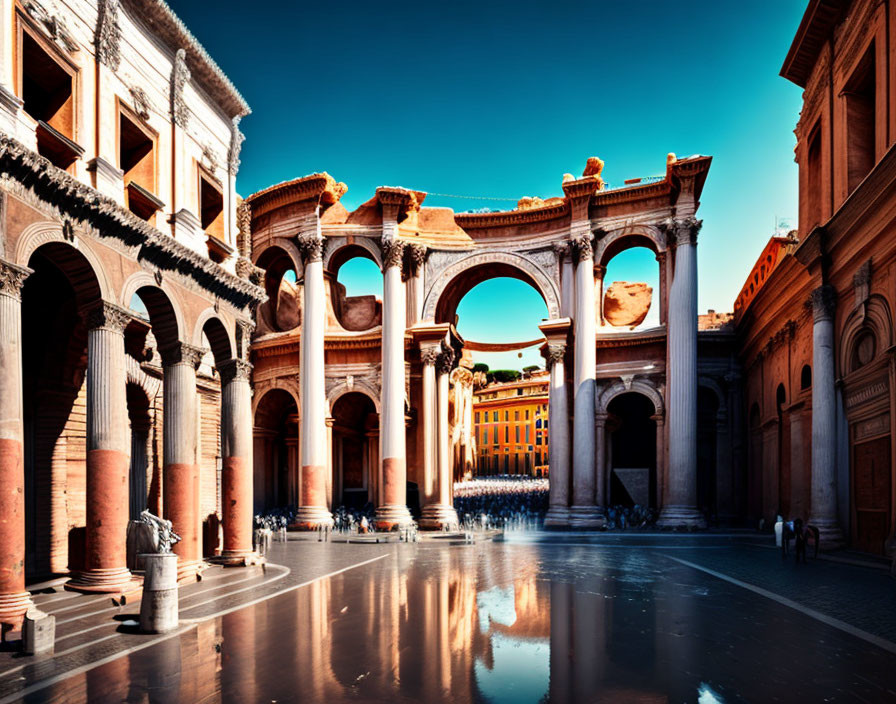 Ancient Roman structure with arches and columns under sun shadows.