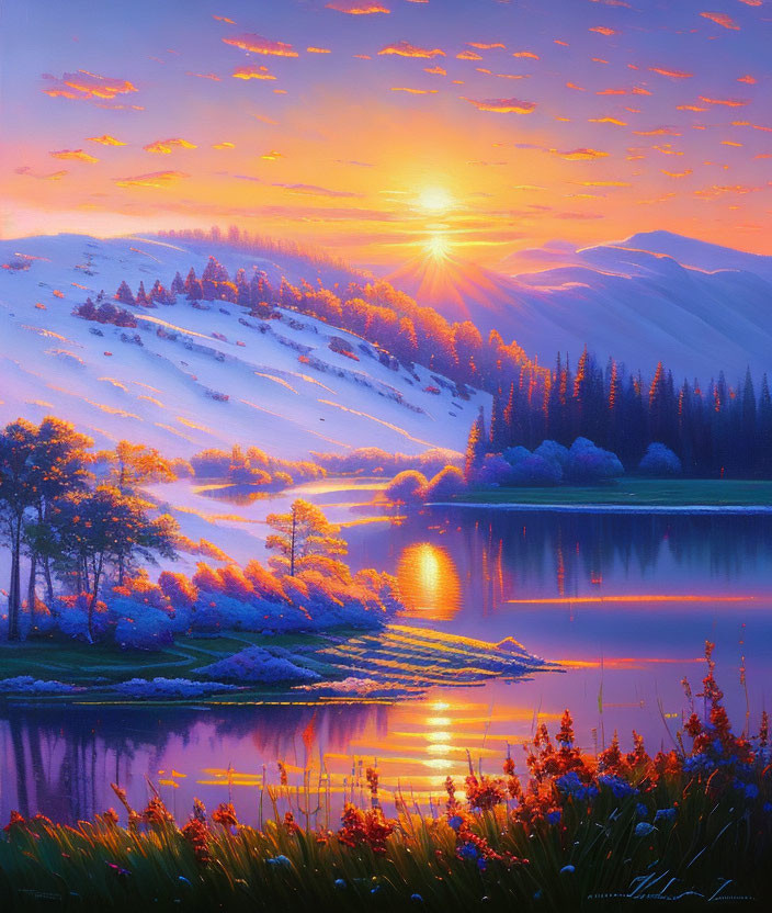 Snowy Sunrise Landscape: Calm Lake, Trees, Flowers & Mountains