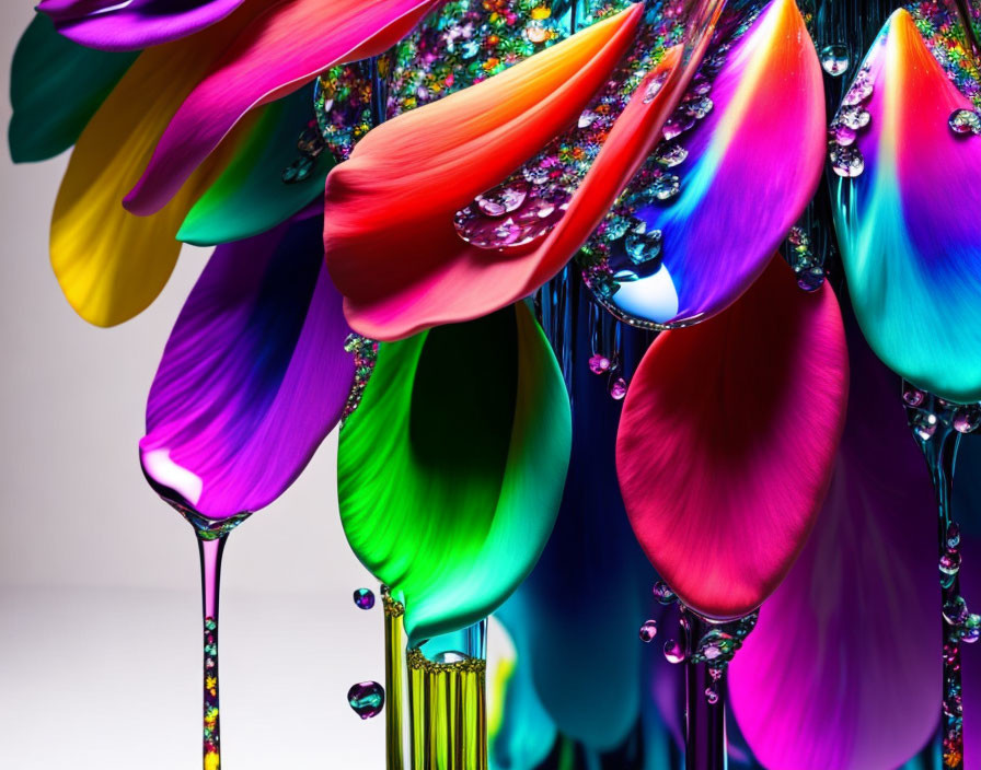 Vibrant Abstract Art: Multicolored Petals with Water Droplets