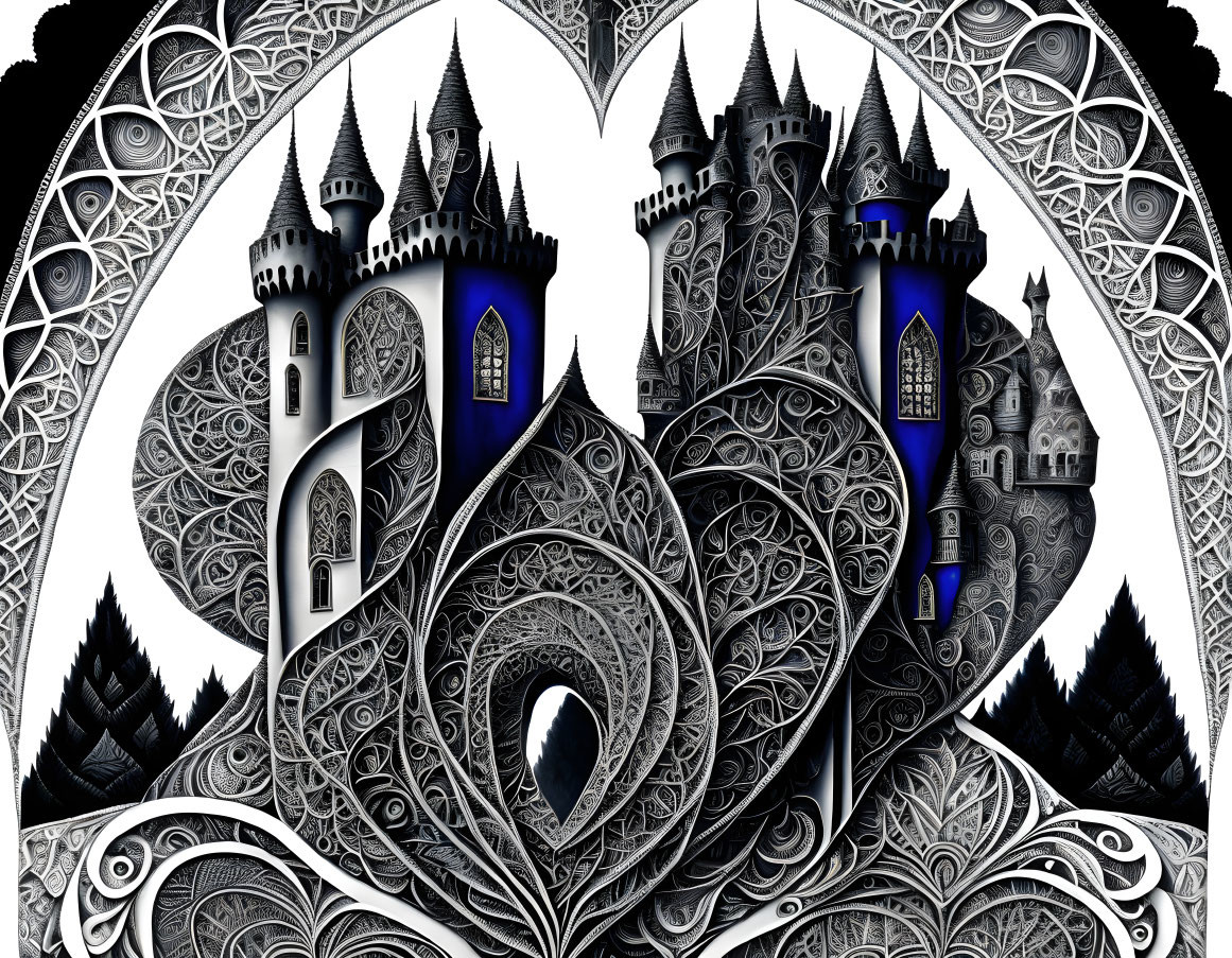 Detailed Black & White Gothic Castle Illustration with Blue Highlights & Ornate Leaf Patterns