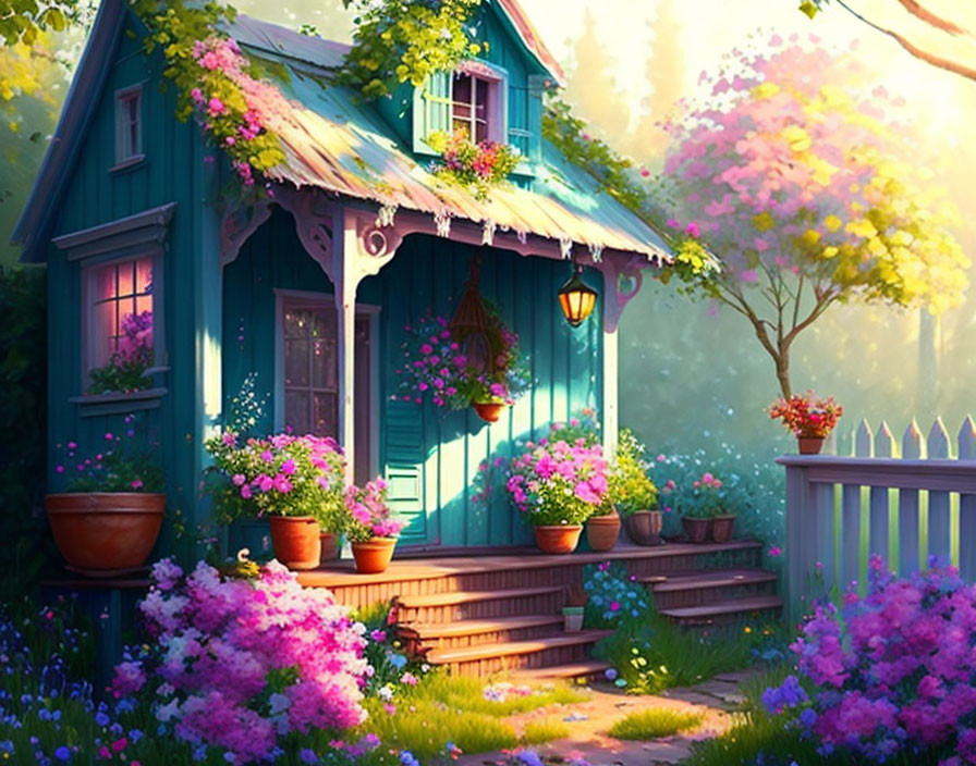 Blue Cottage Surrounded by Flowers and Greenery in Golden Sunlight