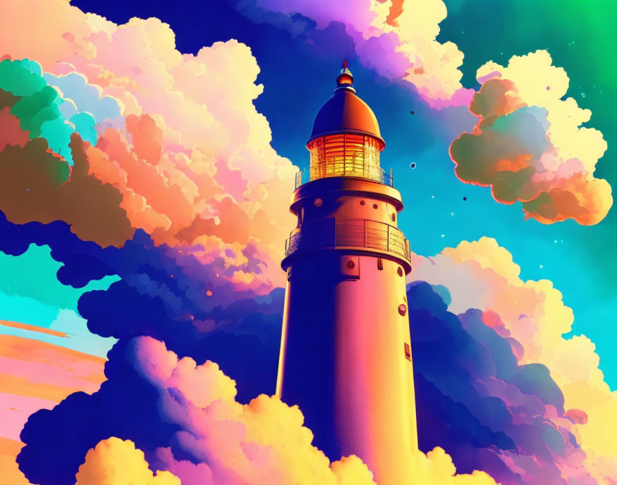 Colorful digital artwork: Lighthouse in surreal sky