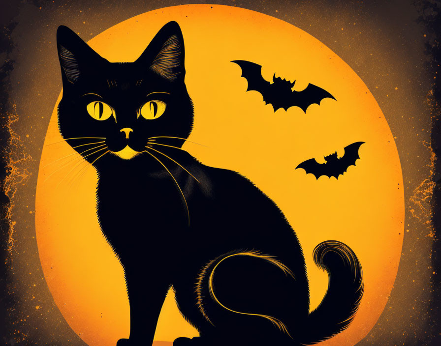 Black Cat Silhouette with Glowing Eyes Against Full Moon and Bats