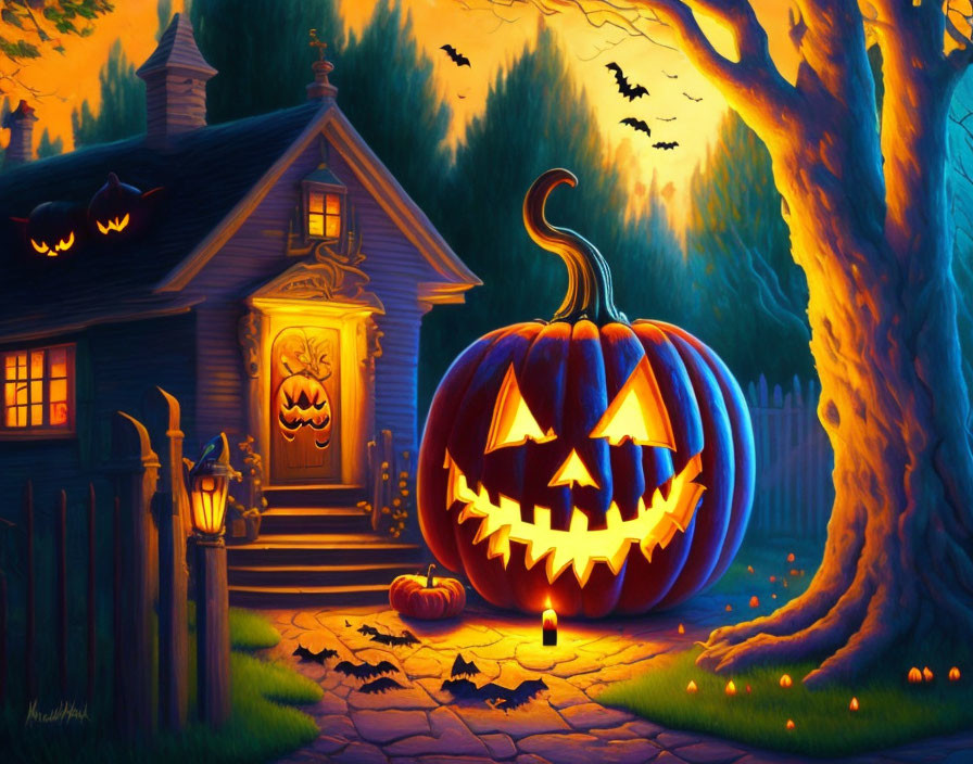 Vibrant Halloween illustration: Jack-o'-lantern, bats, quaint house in eerie twilight glow