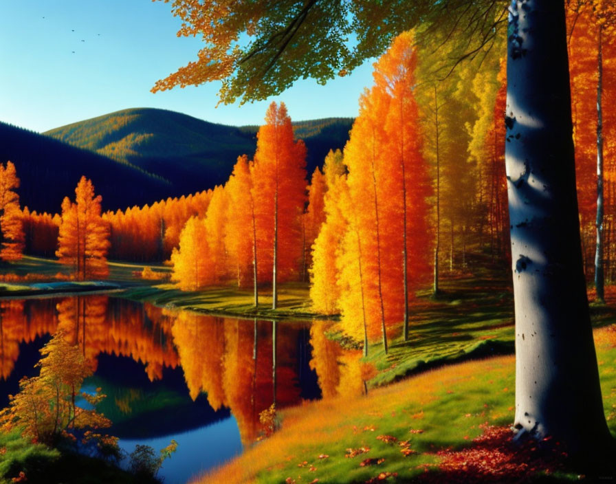 Autumn trees with orange leaves reflected in serene lake under blue sky