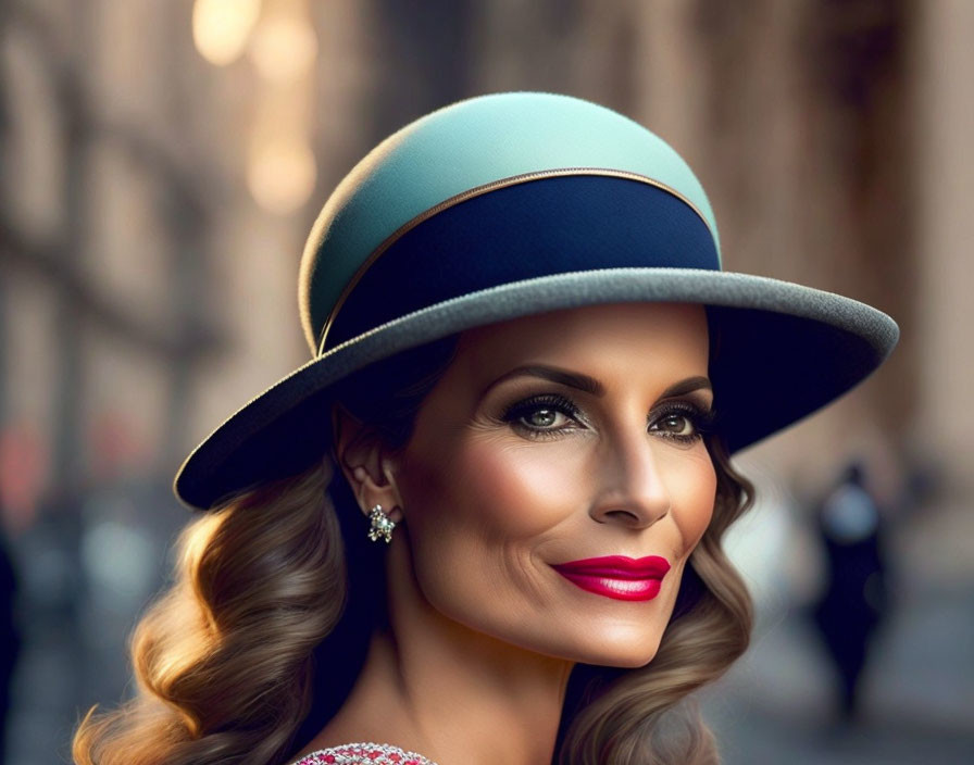 Fashionable woman with wavy hair and red lipstick in tricolor hat and earrings smiling in urban setting