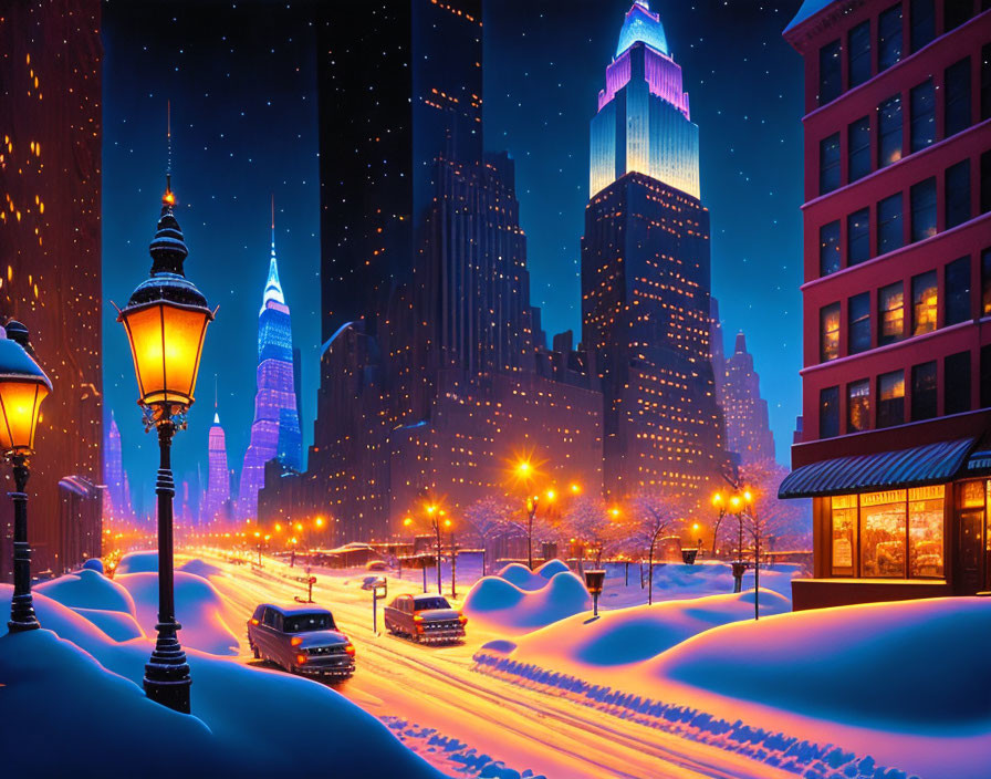 Cityscape: Winter night with illuminated buildings, falling snow, car on road, snowdrifts