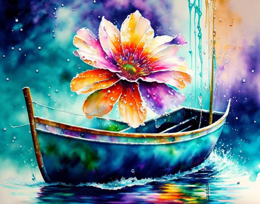 Colorful Watercolor Illustration of Flower Sail Boat on Dreamlike Sea