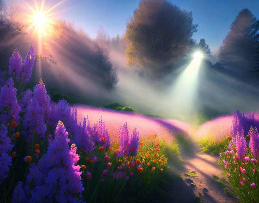 Forest landscape with sunrays, vibrant path, and colorful flowers