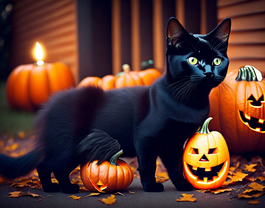 Black cat and carved pumpkins with candles for Halloween ambiance