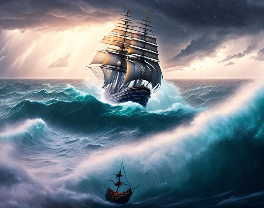 Majestic sailing ships on tumultuous ocean waves