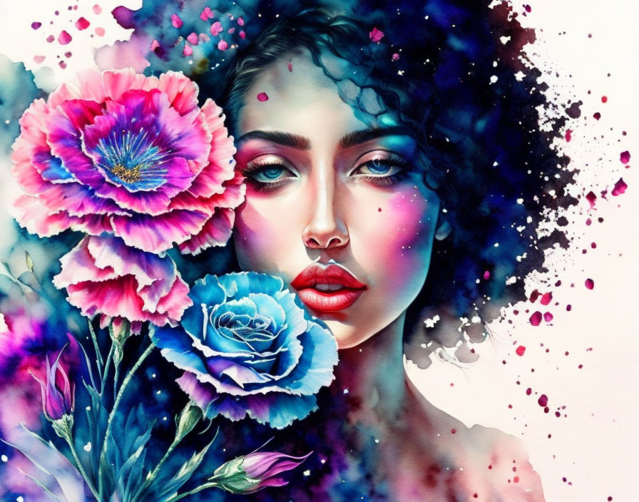 Colorful woman's face with floral watercolor splashes on abstract background