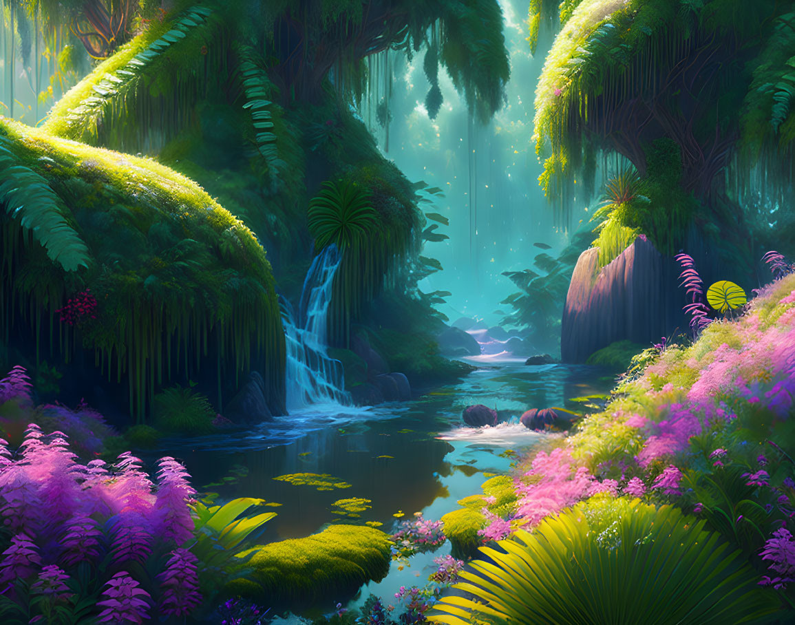 Vibrant Flora, Cascading Waterfalls in Fantasy Forest