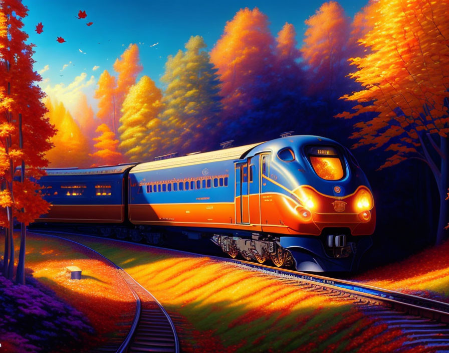 Colorful autumn train journey under sunset sky