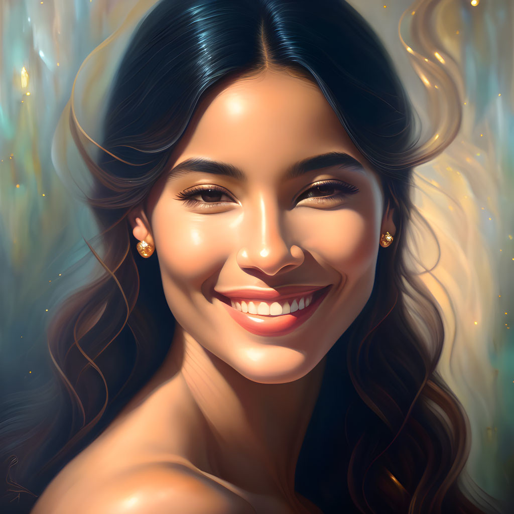 Smiling woman with wavy hair and sparkling earrings portrait on golden background