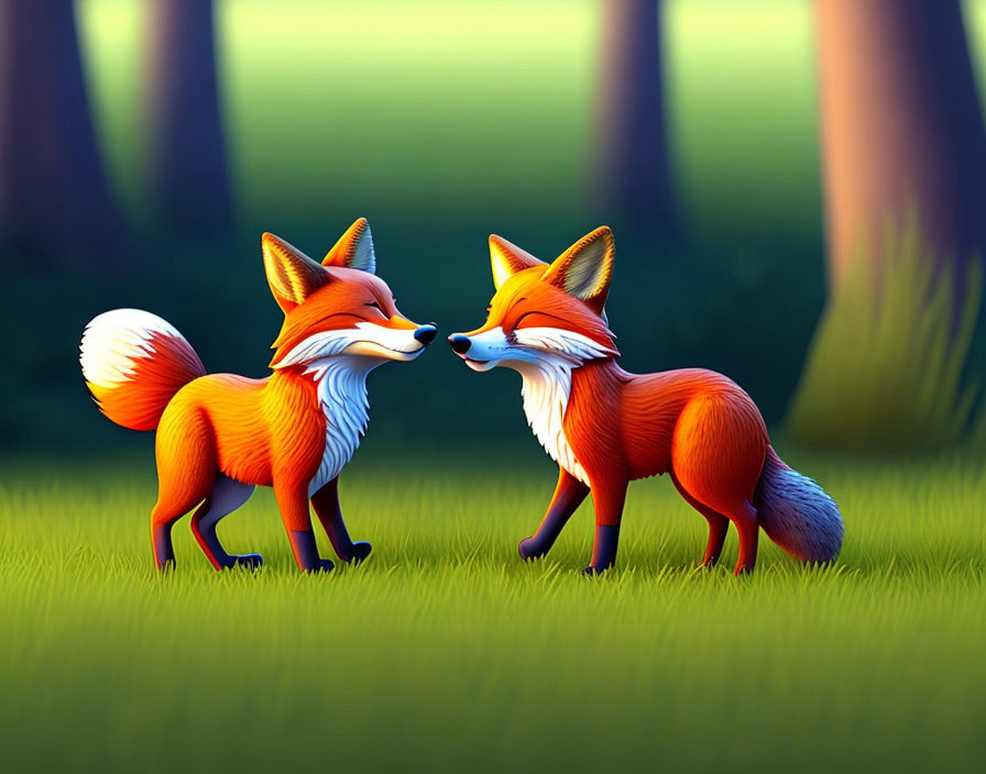 Stylized cartoon foxes in vibrant green meadow