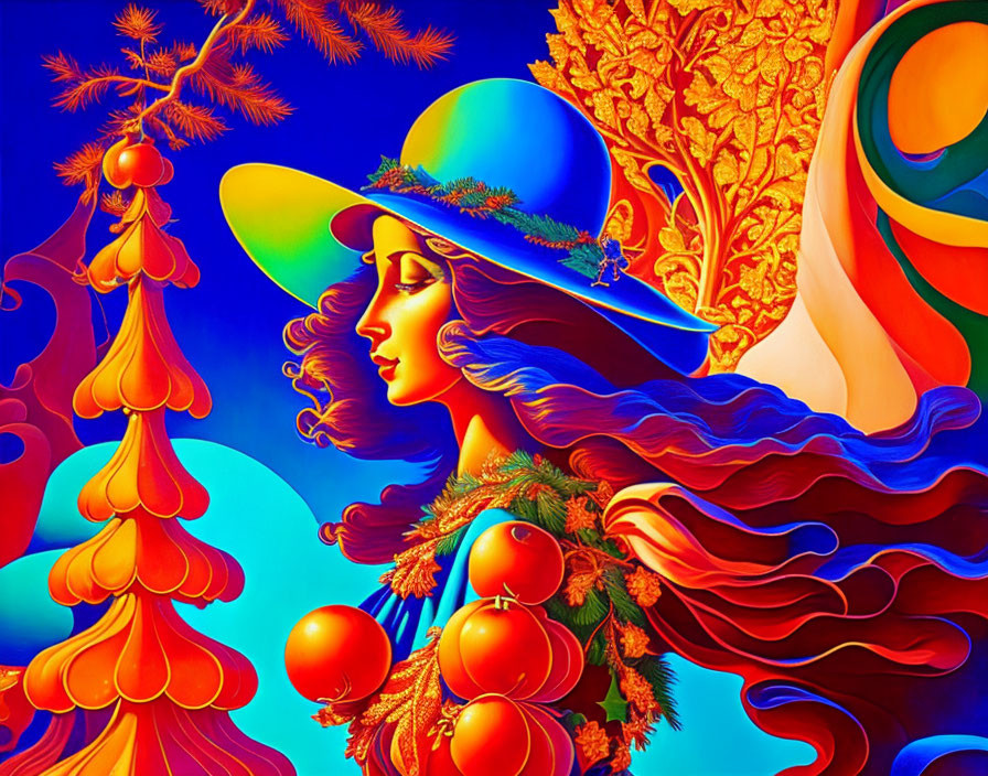 Colorful artwork: Stylized woman with flowing hair and hat amidst surreal elements.