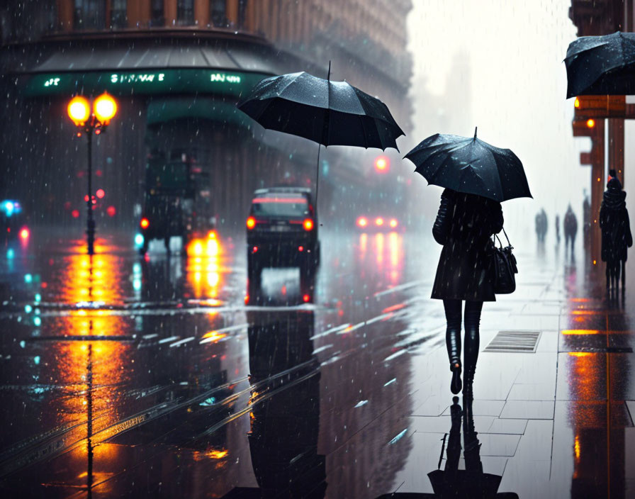 Pedestrian with umbrella in rainy city street with glowing traffic lights