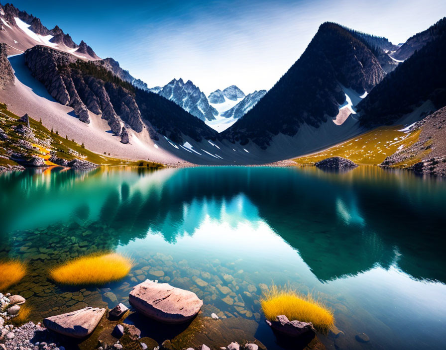 Scenic alpine lake with mountain range, rocks, and wildflowers