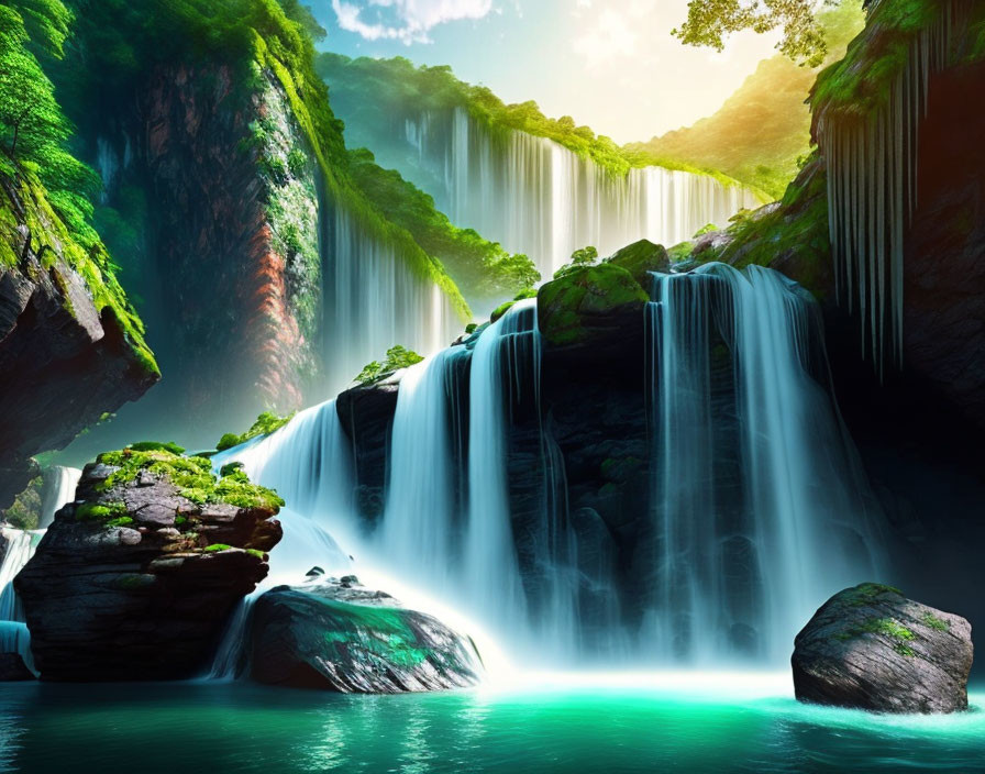 Tranquil waterfall oasis with lush greenery