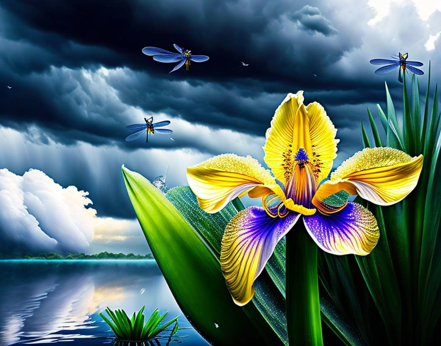 Colorful iris flower by lake under stormy sky with dragonflies