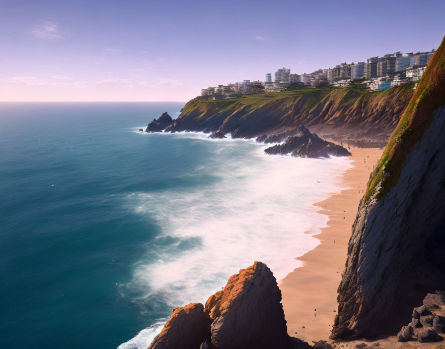 Cliffside coastal cityscape at sunset overlooking beach and ocean waves