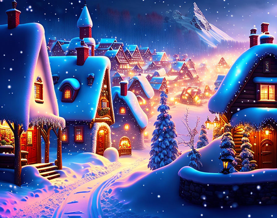 Winter village scene: snow-covered houses, Christmas tree, starry sky