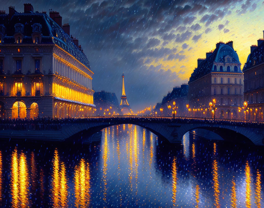 Vibrant Paris night scene with Eiffel Tower, Seine River bridge, and starry