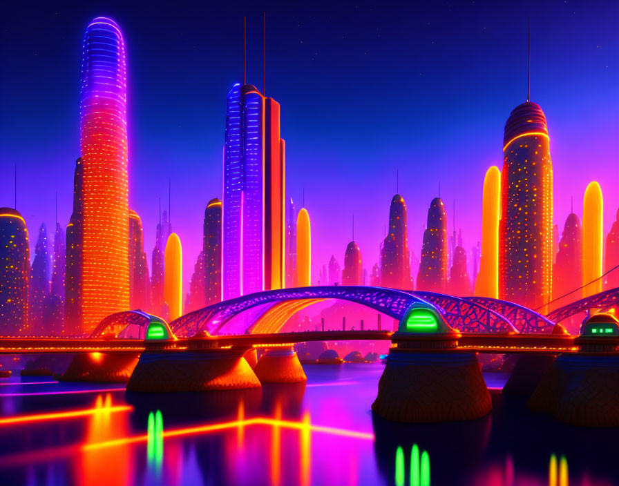 Vibrant futuristic cityscape with illuminated skyscrapers and neon-lit sky