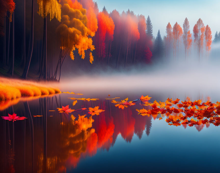 Tranquil autumn lake with colorful trees and mist