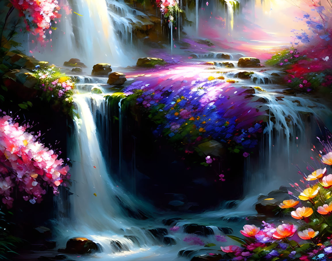 Colorful digital artwork: Mystical waterfall with light beams