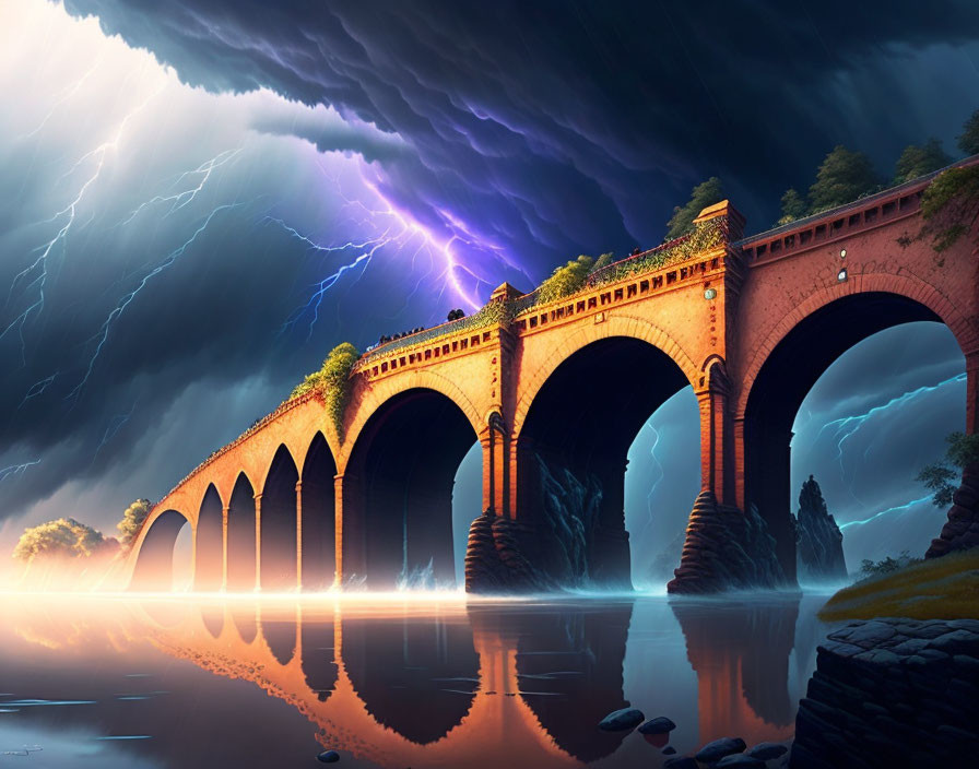 Grand arched bridge under thunderstorm with vibrant lightning and river reflections