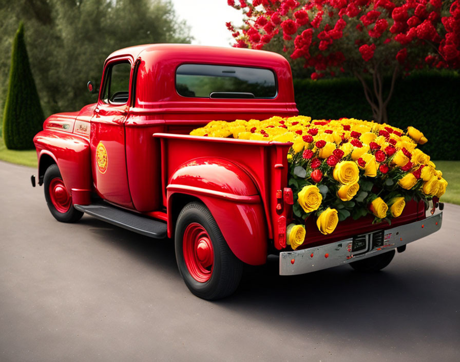 Red Pickup Truck Full of Yellow and Orange Roses on Asphalt Road