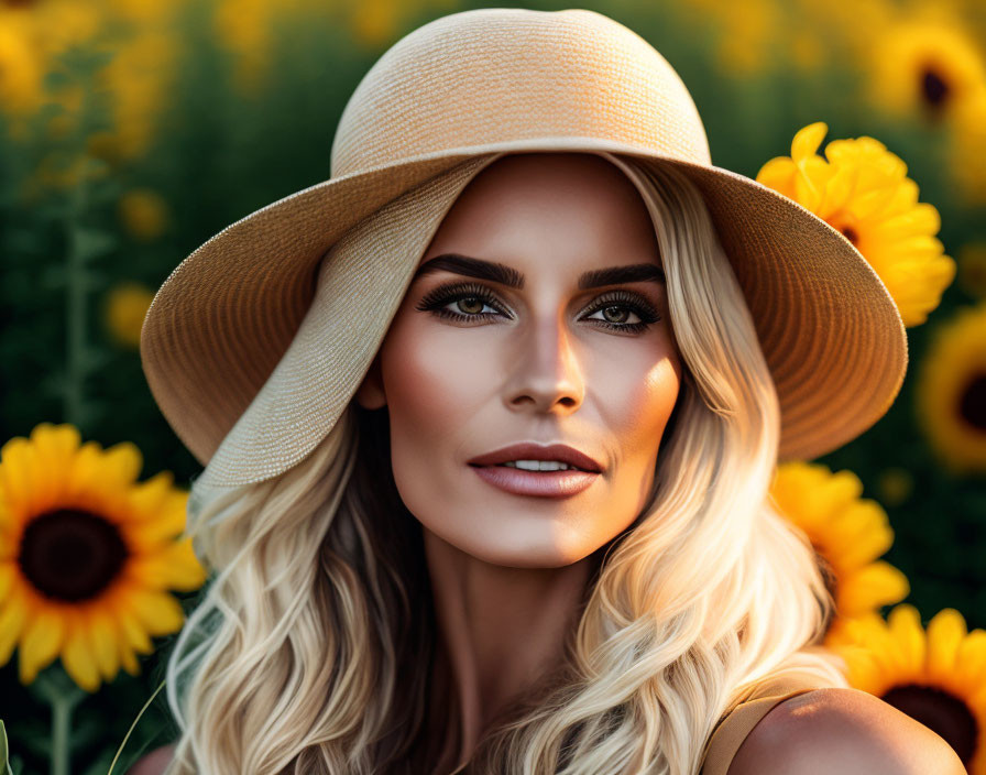 Blond Woman in Straw Hat Among Sunflowers