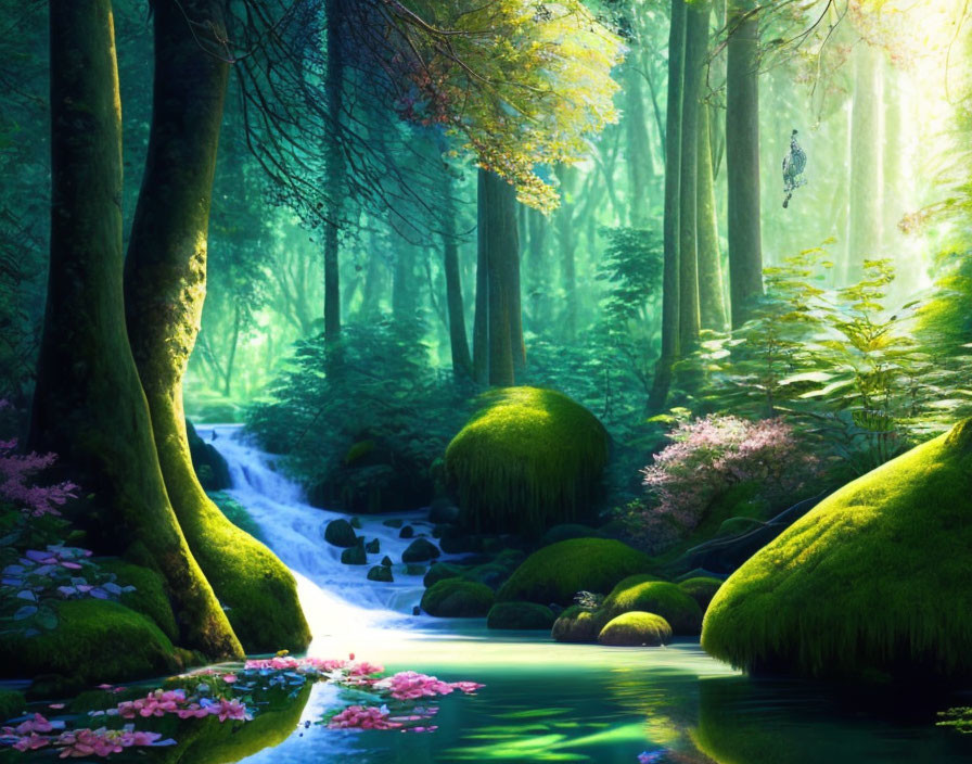 Tranquil forest landscape with stream, moss-covered stones, greenery, sunlight, and pink petals