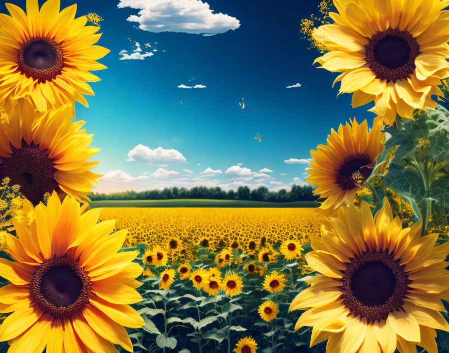 Colorful sunflower field under blue sky with fluffy clouds and butterflies.