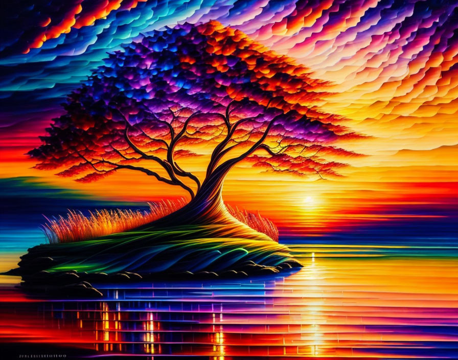 Colorful digital artwork: Stylized tree with vibrant leaves against sunset reflection