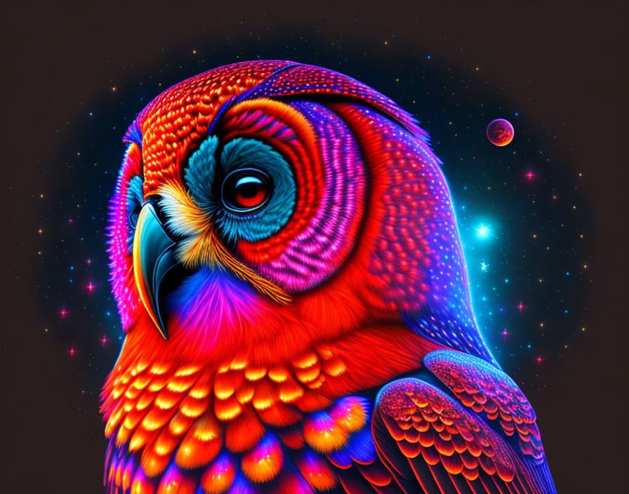 Colorful surreal owl art against cosmic backdrop