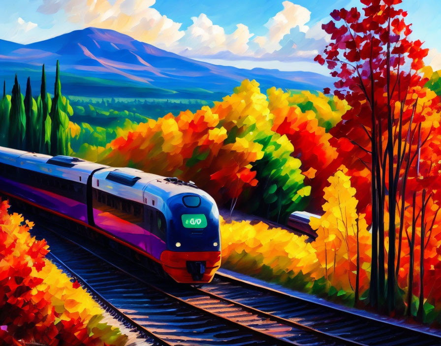 Colorful Autumn Landscape with Train Passing Through Rolling Hills