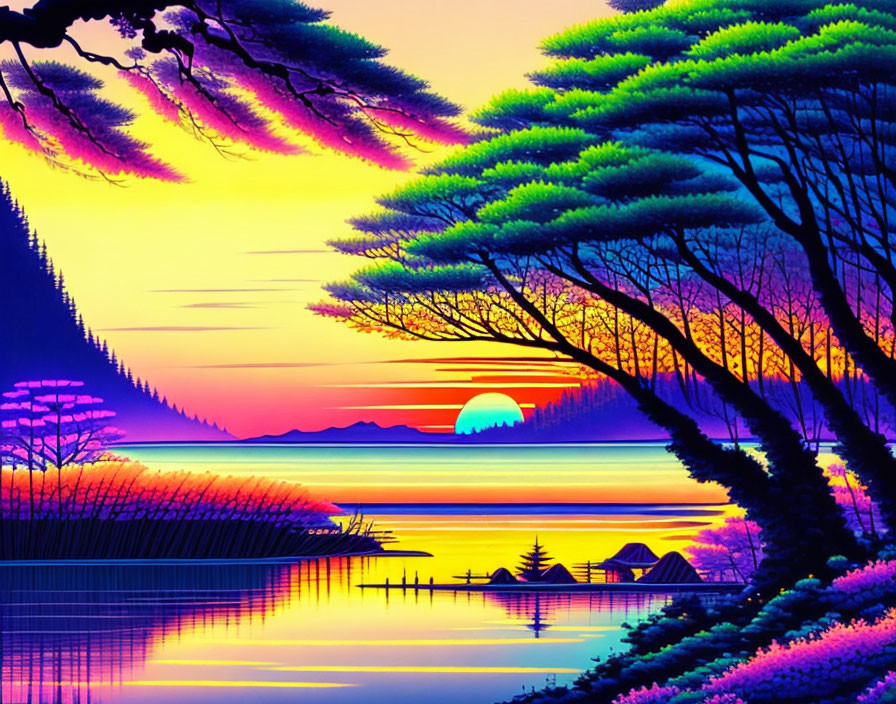 Scenic sunset over tranquil lake with tree silhouettes and mountains in purple, pink, and yellow