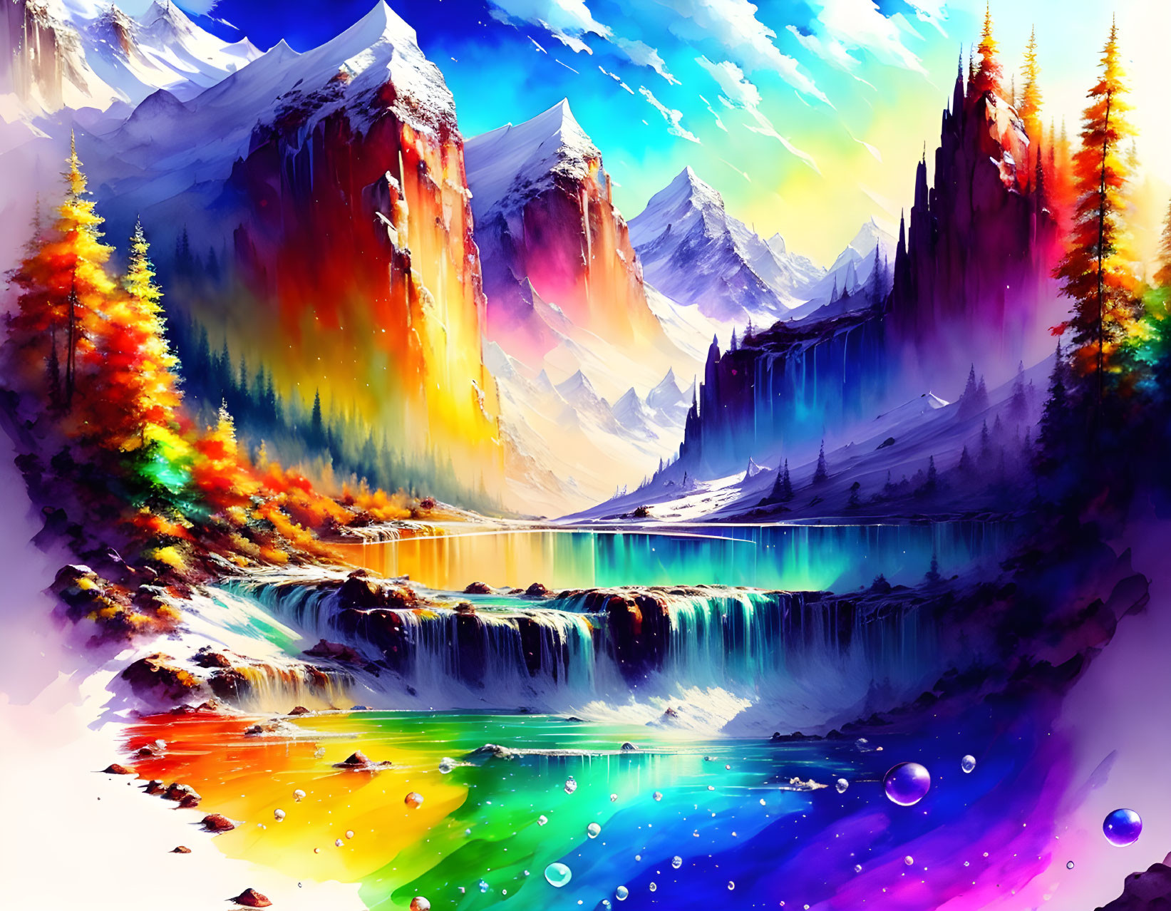 Fantasy landscape with waterfalls, trees, and mountains