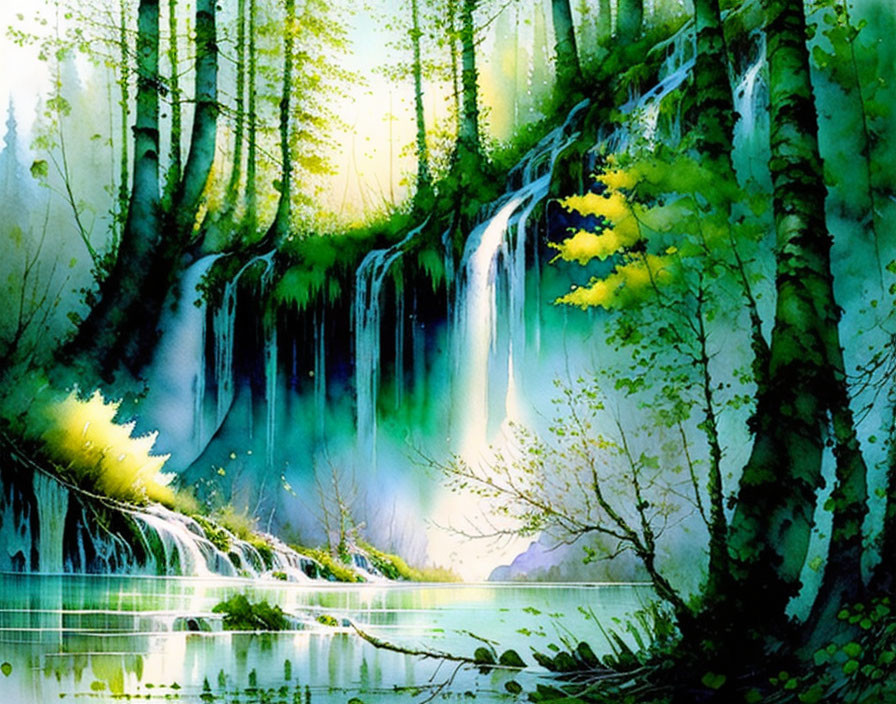 Serene waterfall in vibrant mystical forest