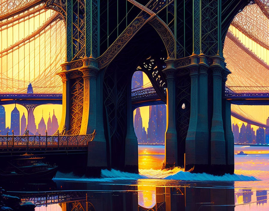 Intricate patterned bridge at sunset with city skyline.