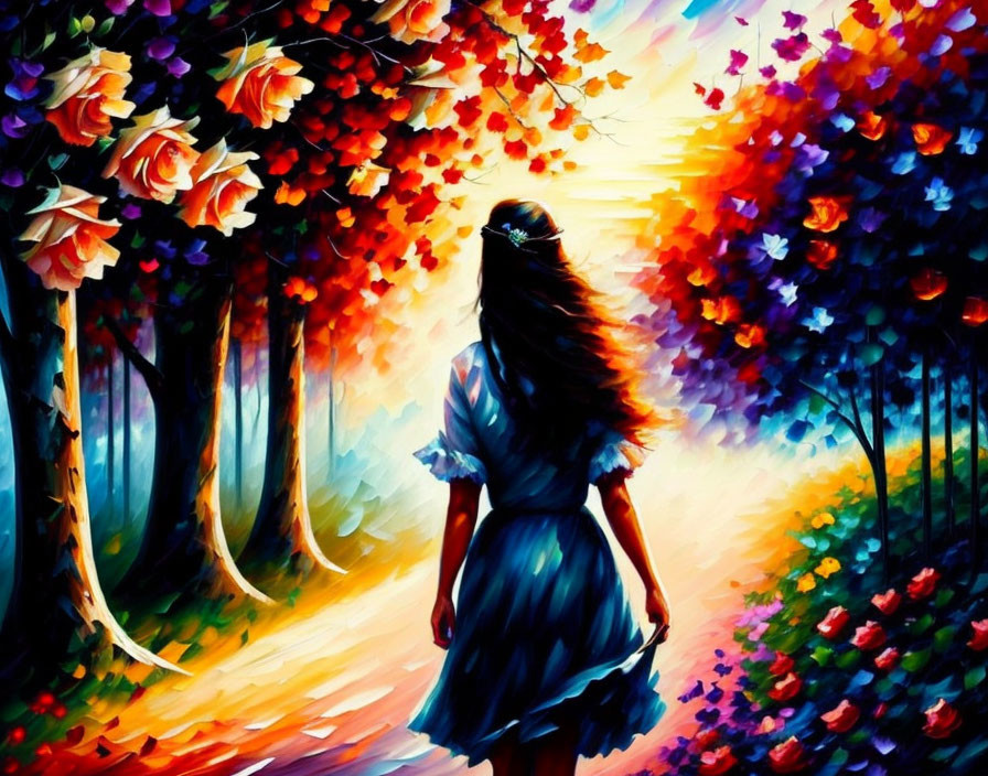 Woman with Long Hair in Colorful Forest Path with Blooming Flowers