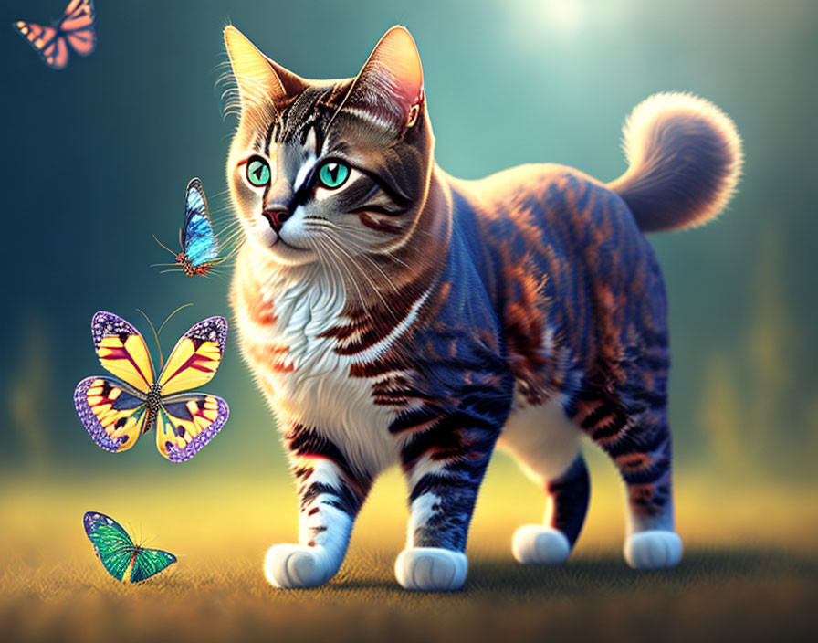 Realistic tabby cat digital artwork with exaggerated eyes and butterflies in dreamy background