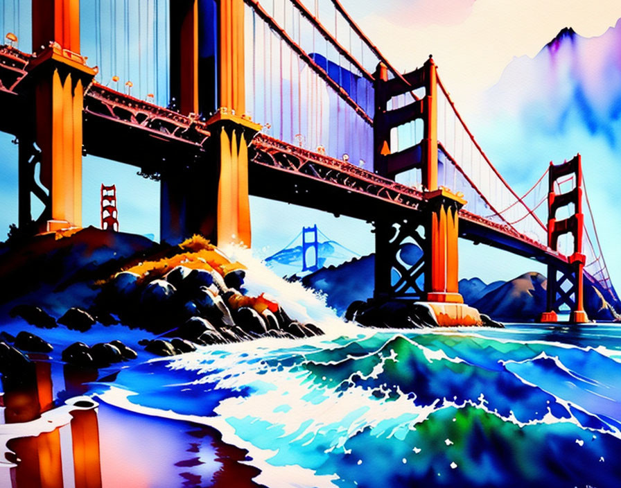 Colorful Golden Gate Bridge illustration with waves, rocks, and mountains.