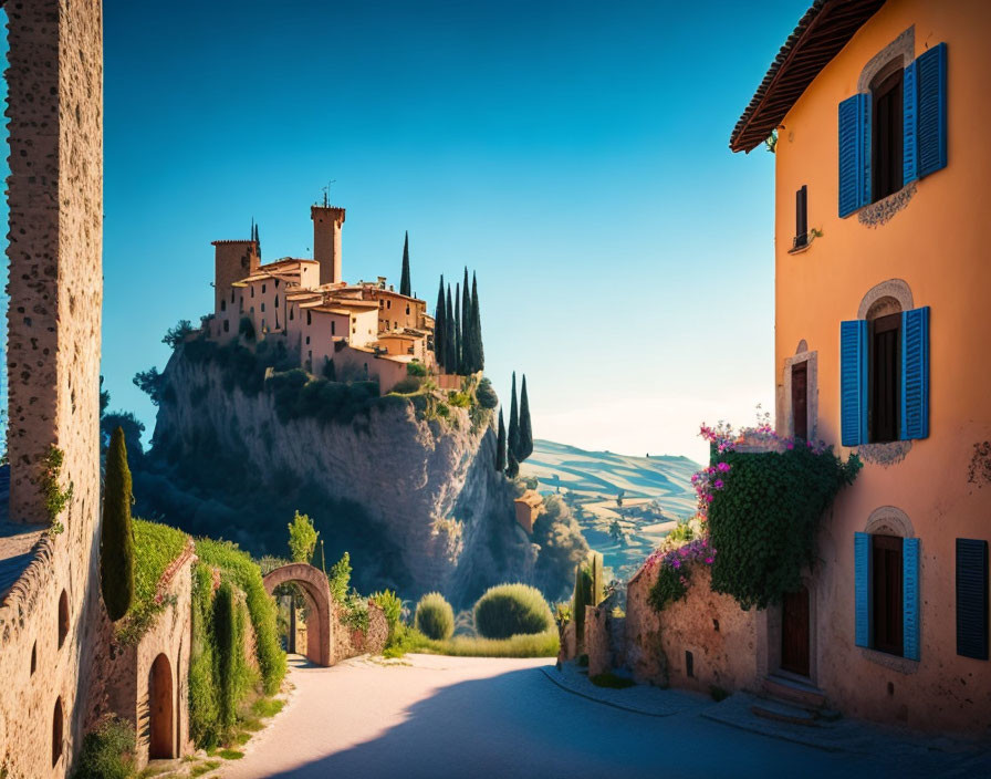 Historic stone buildings in hilltop village under clear blue sky