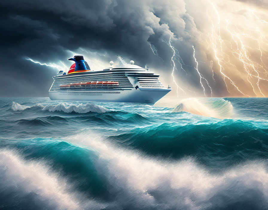 Stormy skies over cruise ship at sea with lightning and turbulent waves