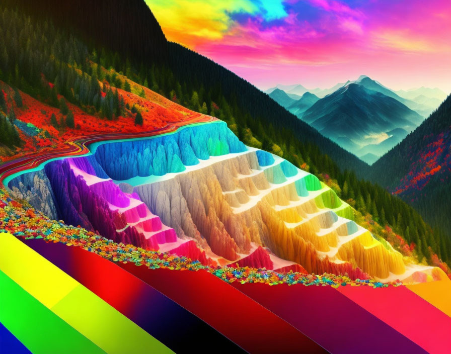 Colorful Surreal Landscape with Rainbow Road and Terraced Mountains