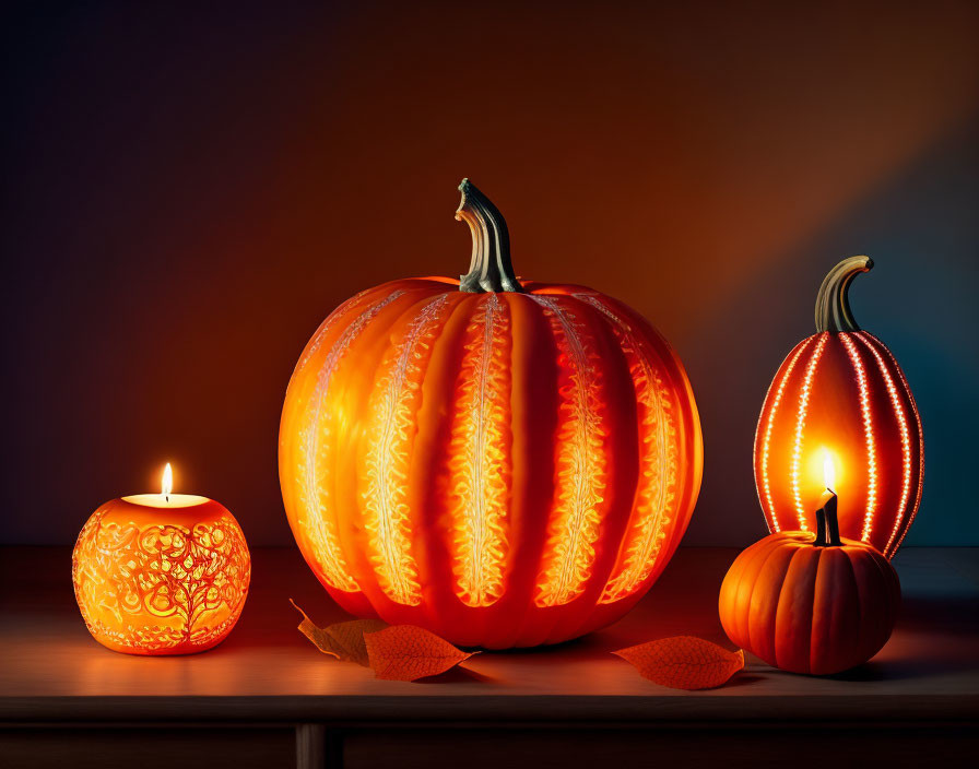 Three intricately carved illuminated pumpkins on a table with autumn leaves.